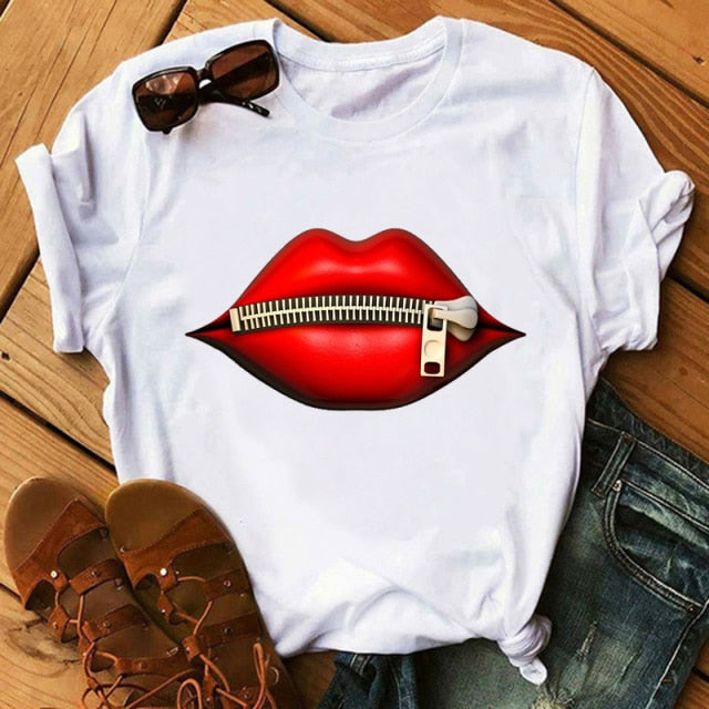 Lips Watercolor Graphic T Shirt Lip Women O-neck summer Authentic Shape