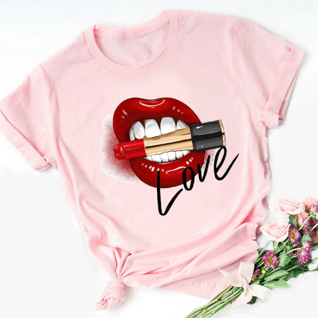 Lips Watercolor Graphic T Shirt Lip Women O-neck summer Authentic Shape