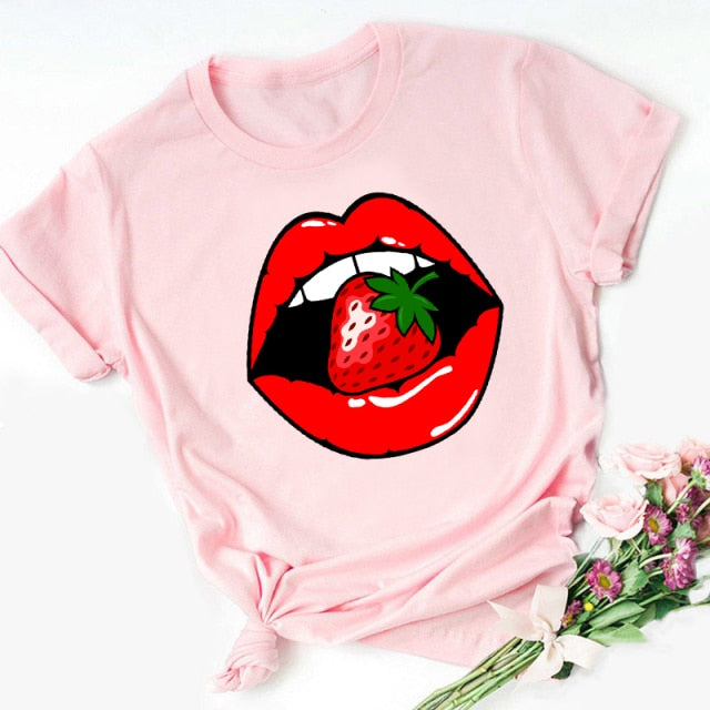 Lips Watercolor Graphic T Shirt Lip Women O-neck summer Authentic Shape