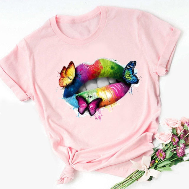 Lips Watercolor Graphic T Shirt Lip Women O-neck summer Authentic Shape