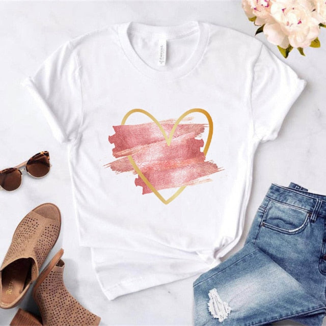 Heart flower print ladies T-shirt casual basis Authentic Shape