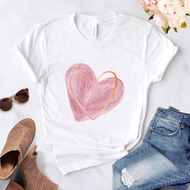 Heart flower print ladies T-shirt casual basis Authentic Shape