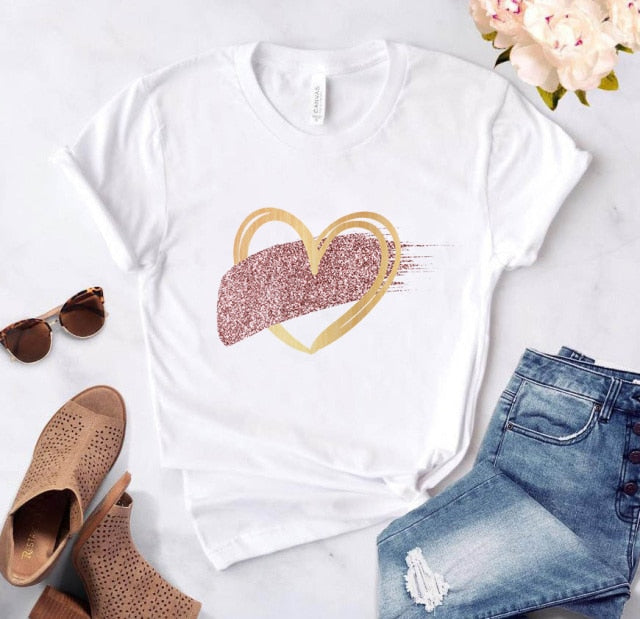 Heart flower print ladies T-shirt casual basis Authentic Shape