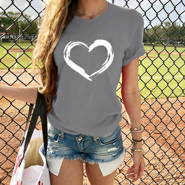 Women T-shirts Casual Love Printed Tops Tee Summer Clothing Authentic Shape