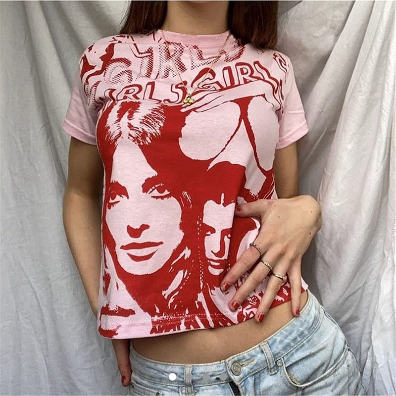 Graphic Print T-shirt Women Vintage Crop Top Slim Fit Tees Authentic Shape