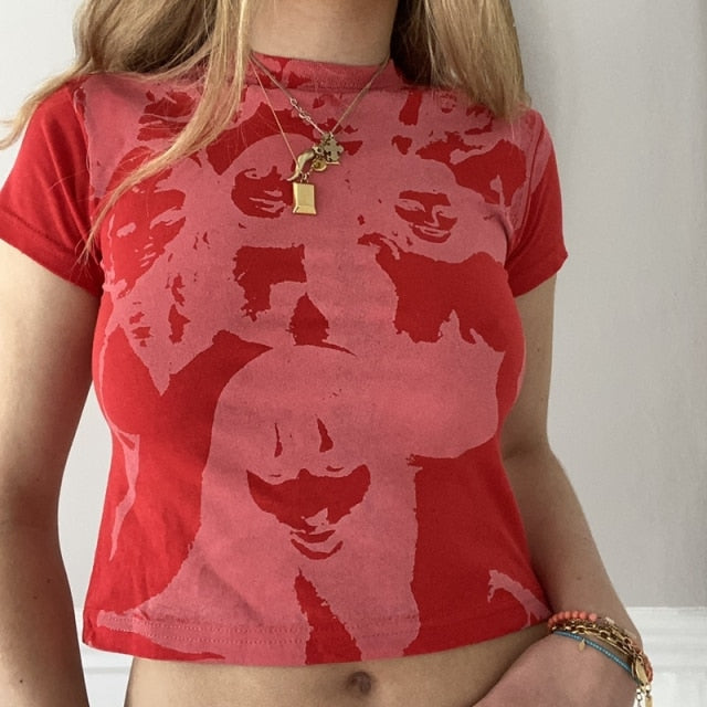 Graphic Print T-shirt Women Vintage Crop Top Slim Fit Tees Authentic Shape