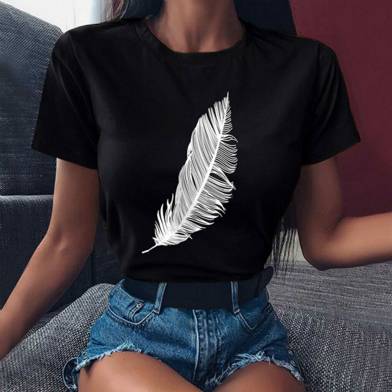 Women Casual Harajuku Fashion T-shirt Feather Print Loose O-neck Tee Shirt Authentic Shape