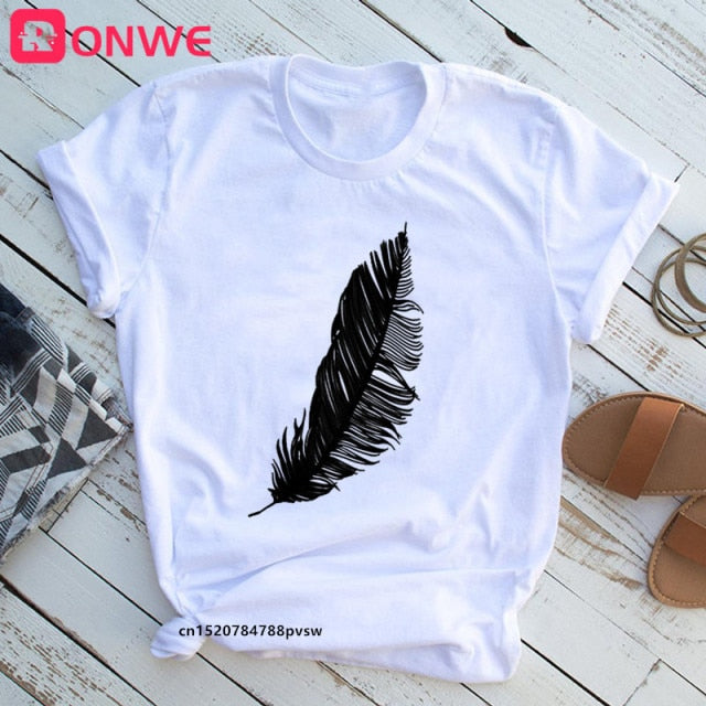 Women Casual Harajuku Fashion T-shirt Feather Print Loose O-neck Tee Shirt Authentic Shape