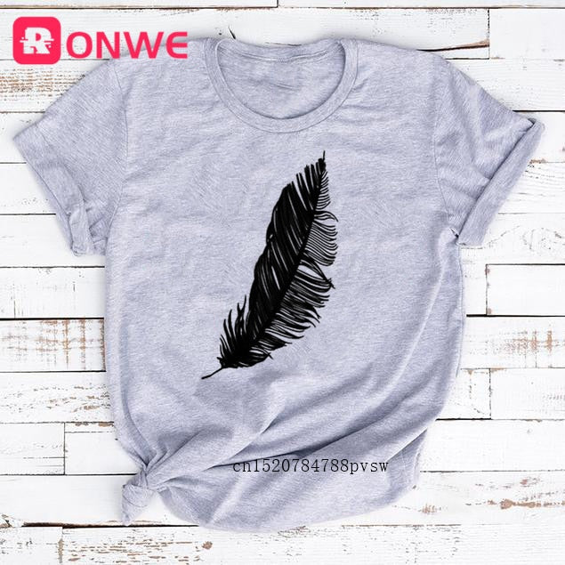 Women Casual Harajuku Fashion T-shirt Feather Print Loose O-neck Tee Shirt Authentic Shape