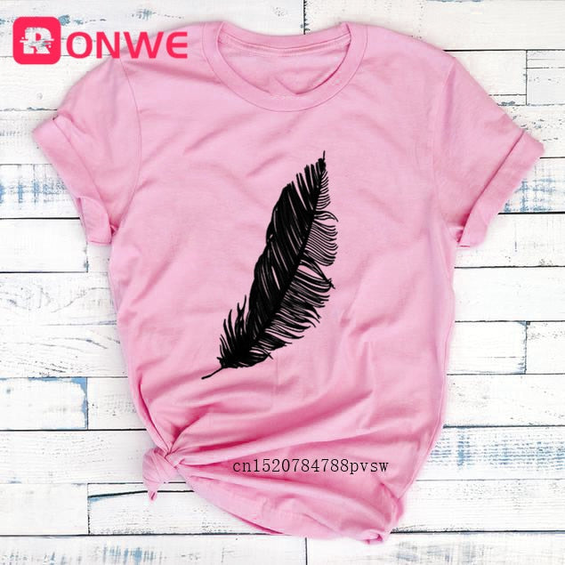 Women Casual Harajuku Fashion T-shirt Feather Print Loose O-neck Tee Shirt Authentic Shape