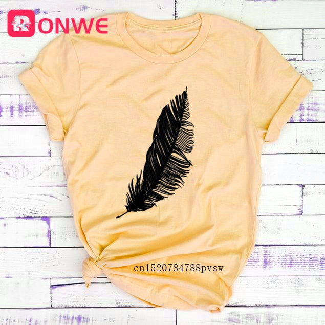 Women Casual Harajuku Fashion T-shirt Feather Print Loose O-neck Tee Shirt Authentic Shape