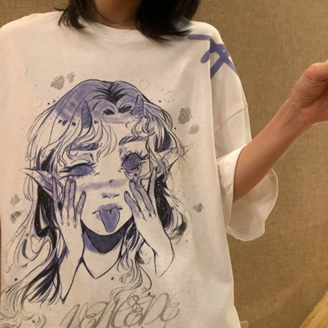 Women Oversize T Shirt White Cartoon Tops Hip Hop Fashion Authentic Shape