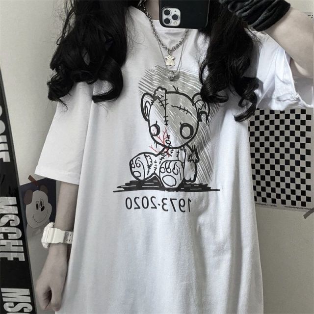 Women Oversize T Shirt White Cartoon Tops Hip Hop Fashion Authentic Shape