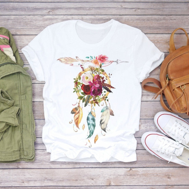 Women Summer Short Sleeve Dream Feather Fashion Print T-shirts Authentic Shape