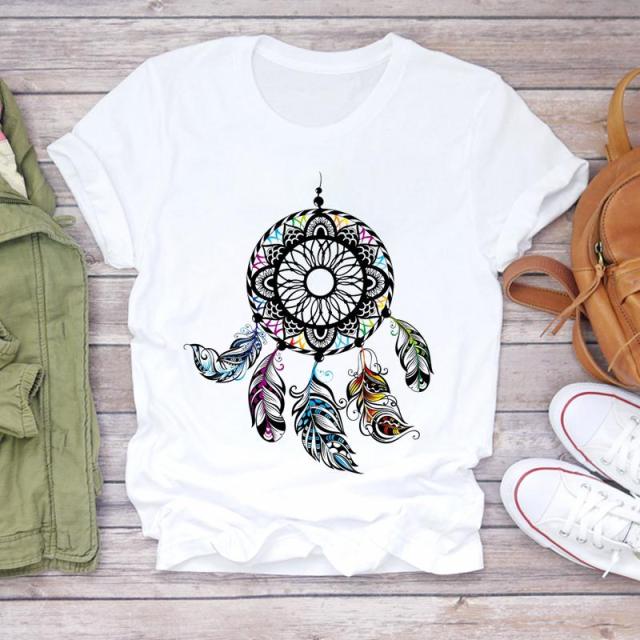 Women Summer Short Sleeve Dream Feather Fashion Print T-shirts Authentic Shape