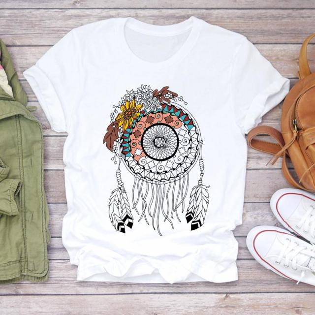 Women Summer Short Sleeve Dream Feather Fashion Print T-shirts Authentic Shape