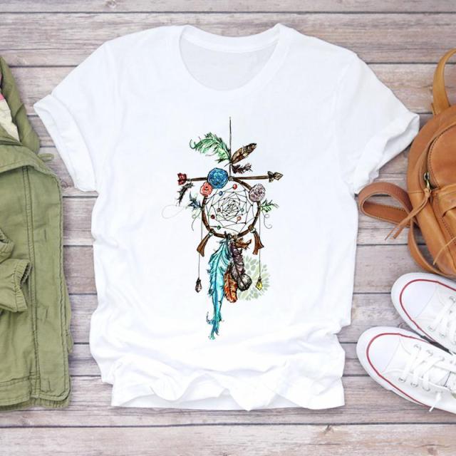 Women Summer Short Sleeve Dream Feather Fashion Print T-shirts Authentic Shape