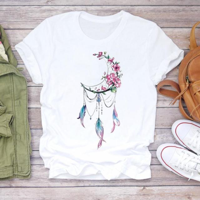 Women Summer Short Sleeve Dream Feather Fashion Print T-shirts Authentic Shape