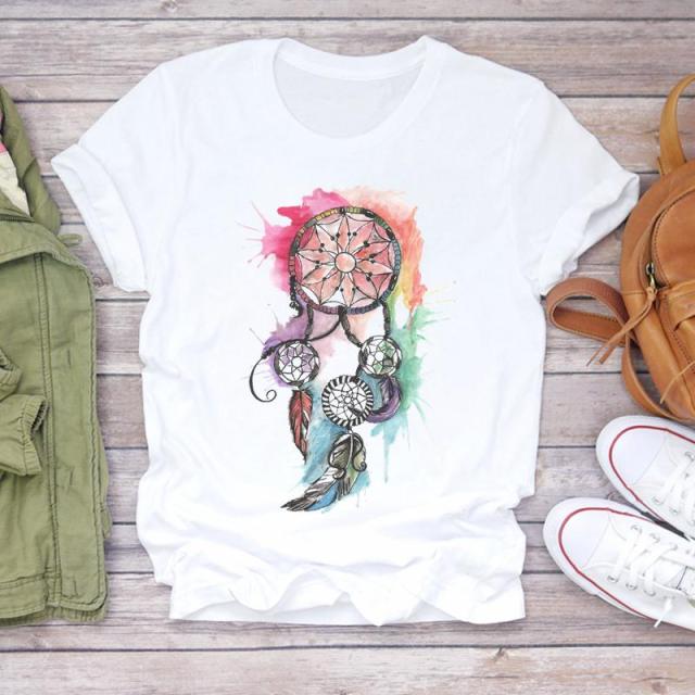 Women Summer Short Sleeve Dream Feather Fashion Print T-shirts Authentic Shape