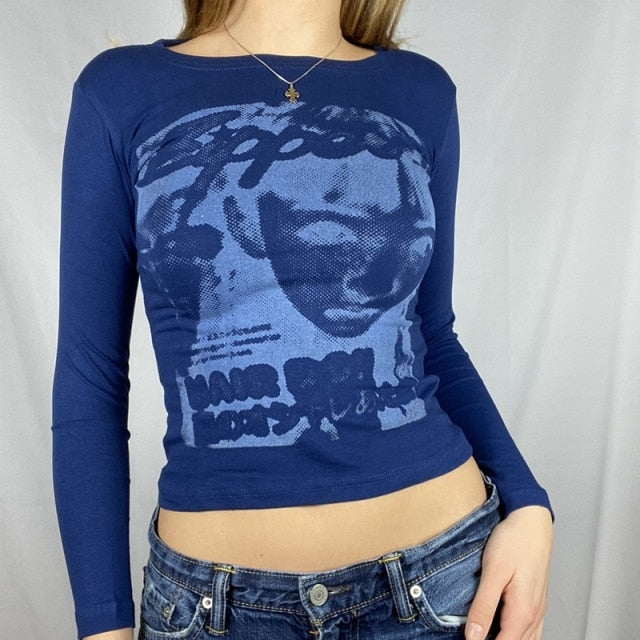 Graphic Print T-shirt Women Vintage Crop Top Slim Fit Tees Authentic Shape