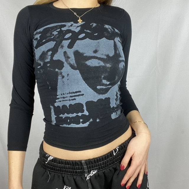 Graphic Print T-shirt Women Vintage Crop Top Slim Fit Tees Authentic Shape